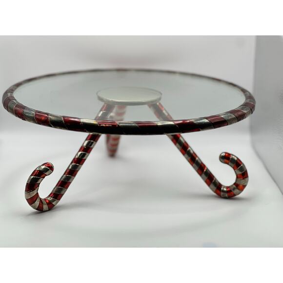 Festive Candy Cane Metal & Glass Holiday Cake Stand / Riser – 12” Round - Picture 1 of 9